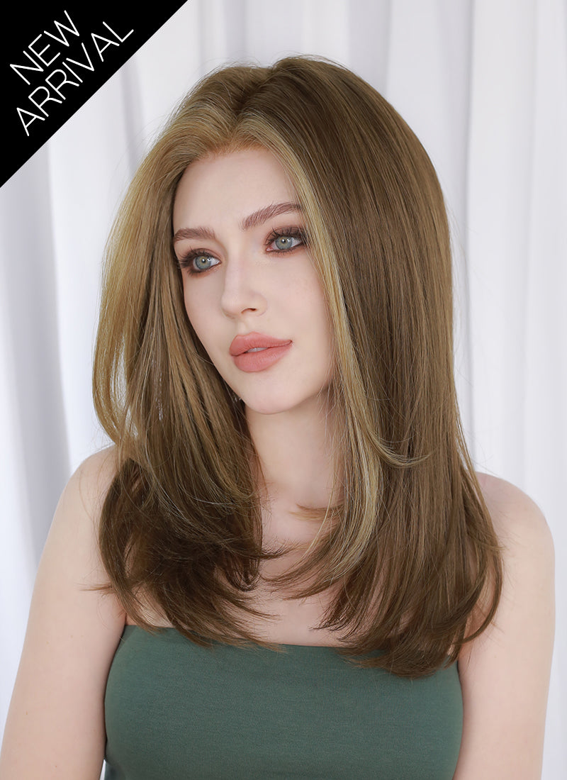 Brown With Blonde Money Piece Straight Mono Top Kanekalon Lace Wig MN026