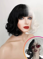 Cruella Black White Split Gemini Color Wavy Bob Synthetic Wig NS200