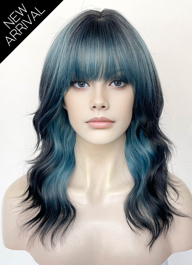 Blue Mixed Black Wavy Synthetic Hair Wig NS598