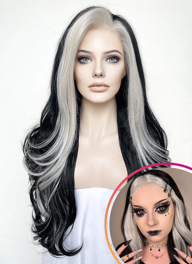 Black and Grey Money Piece Wavy Lace Front Synthetic Wig LF3298