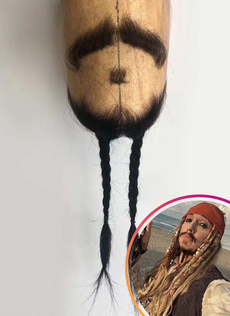 Pirates of the Caribbean Captain Jack Sparrow Handmade HD Lace Realistic Black Beard and Moustache Facial Hair Set MB007