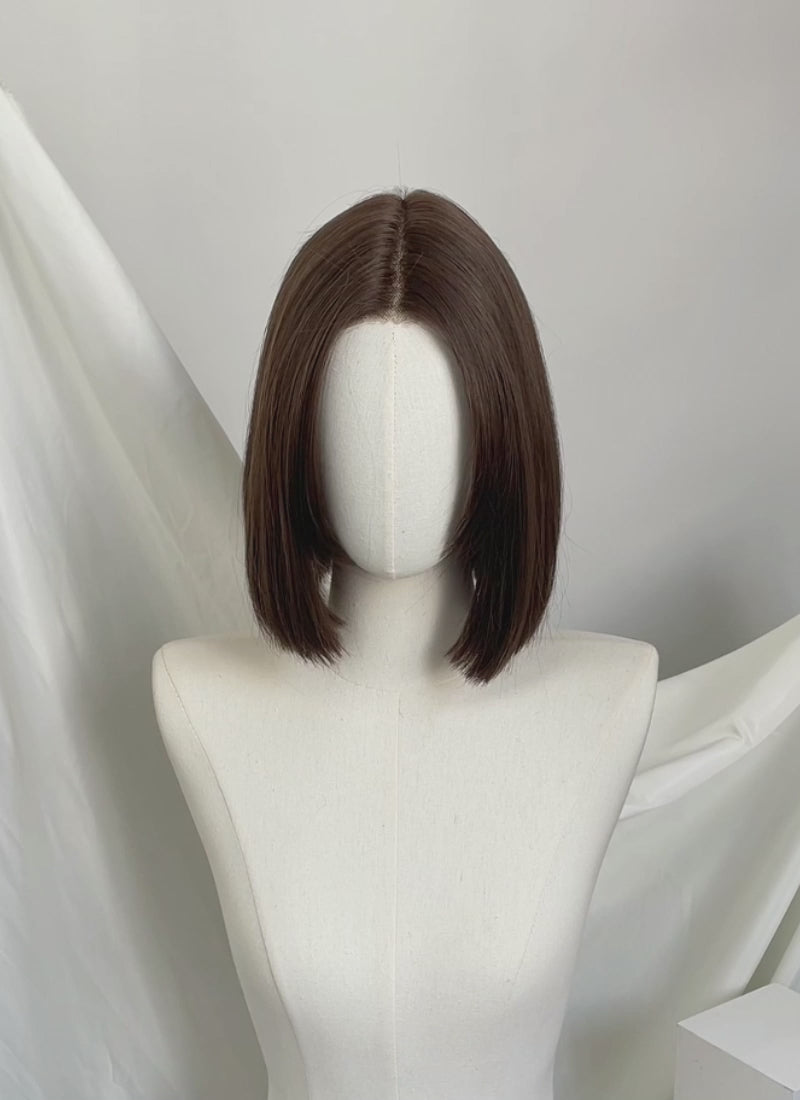 Brunette Curtain Bangs Straight Bob Lace Front Synthetic Hair Wig LF3322