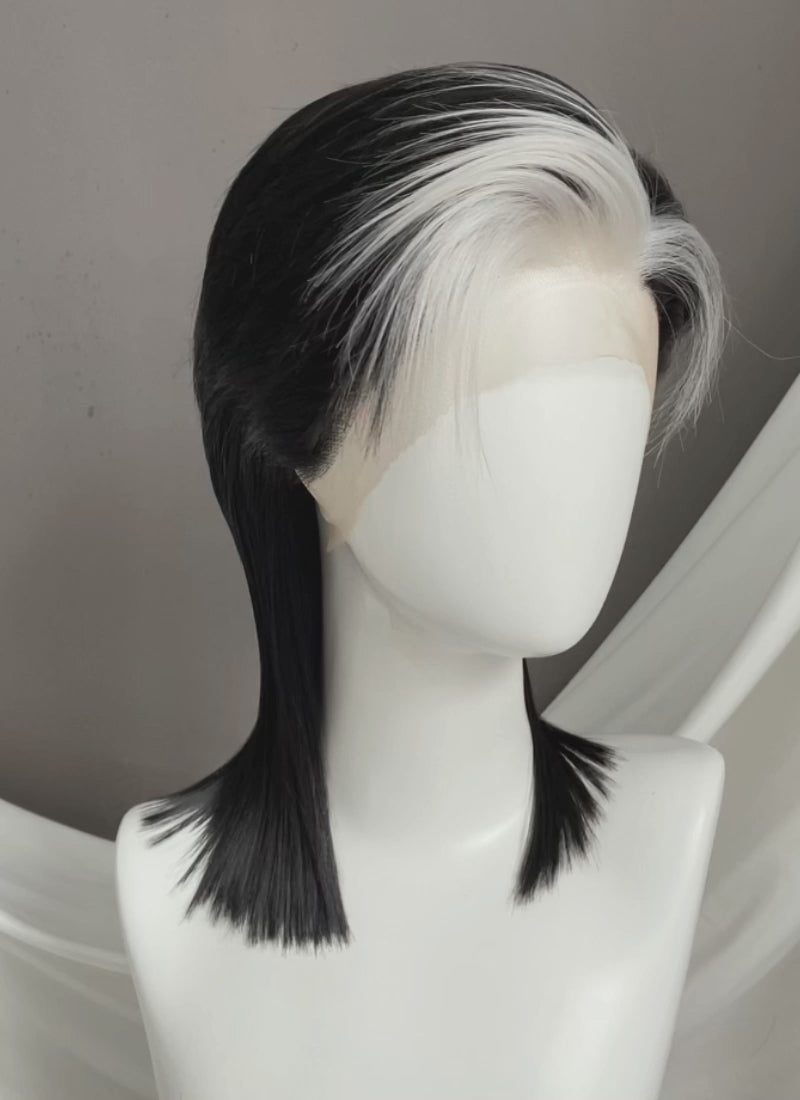 Black With Silver White Straight Lace Front Synthetic Wig LF8041