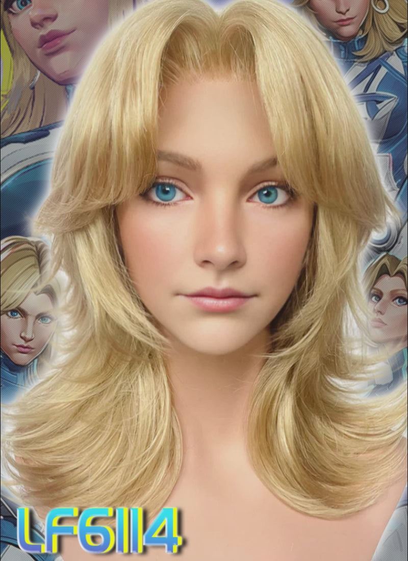 Marvel Rivals  Invisible Woman Blonde Curtain Bangs Wavy Lace Front Synthetic Wig LF6114
