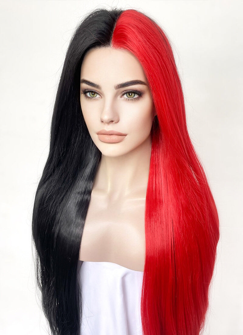 Black Red Split Color Straight Lace Front Synthetic Hair Wig LF1316