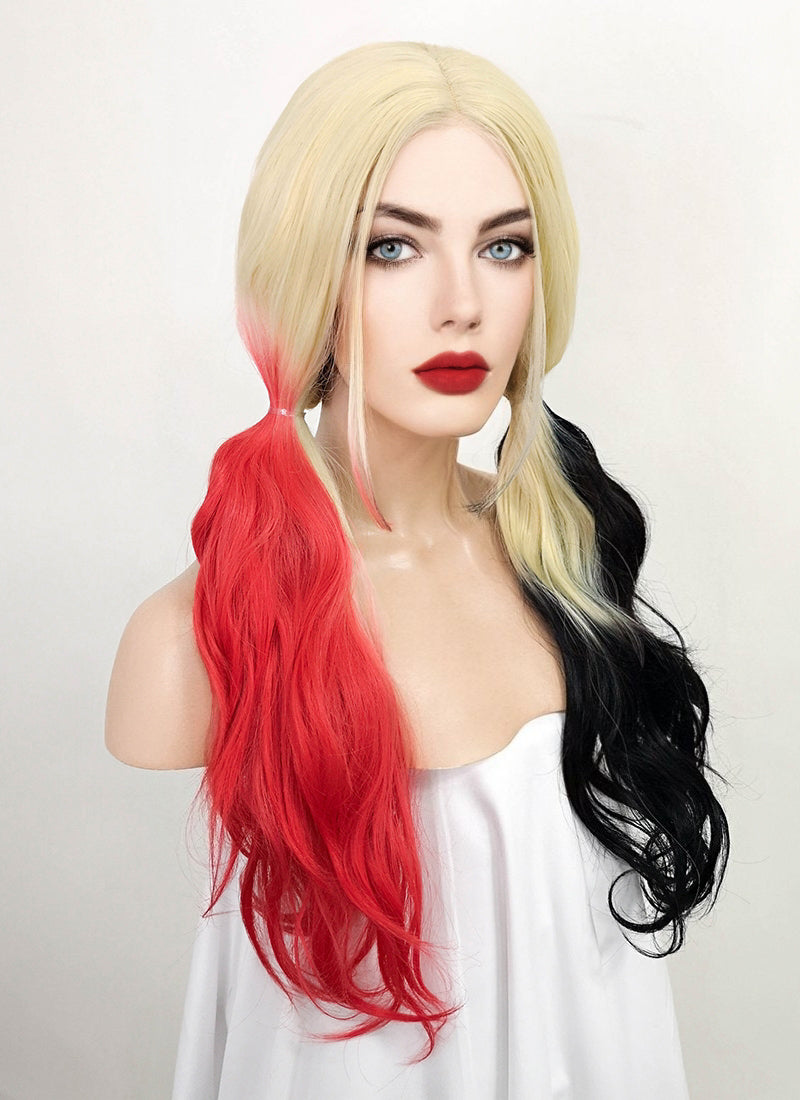 Blonde Harley Quinn Synthetic Red Black Ponytail Wavy Lace Front Wig LF1576A