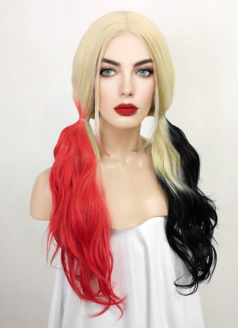 Blonde Harley Quinn Synthetic Red Black Ponytail Wavy Lace Front Wig LF1576A