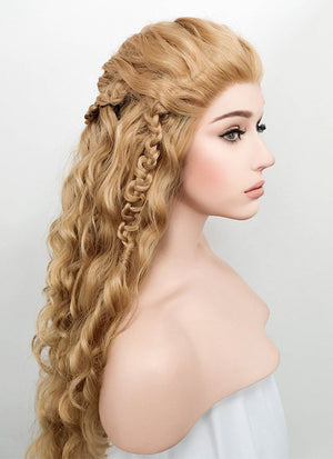 Wavy Golden Blonde Vikings Lagertha Braided Lace Front Synthetic Wig LF2023
