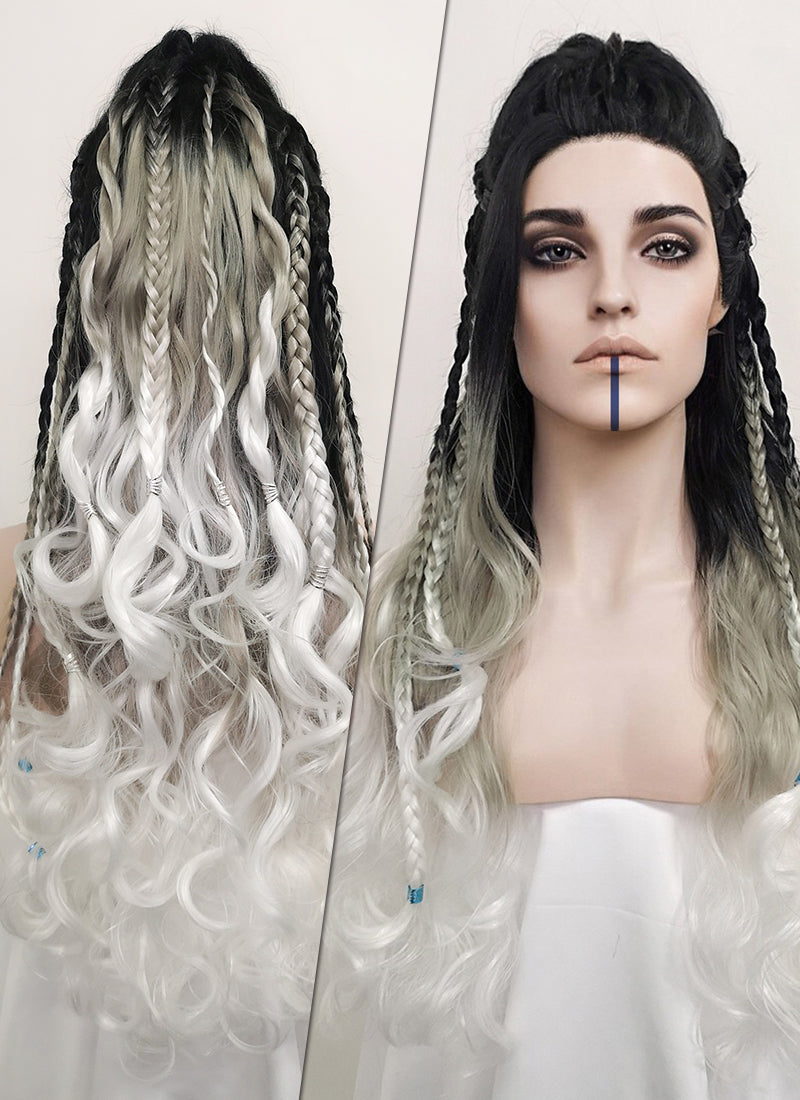 Blue Green Split Gemini Color With Dark Roots Braided Lace Front Synthetic  Wig