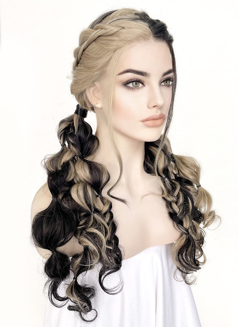 Blonde Black Split Gemini Color Braided Lace Front Synthetic Wig LF2124