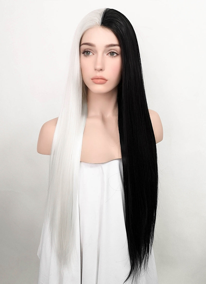White Black Split Color Straight Lace Front Synthetic Wig LF3185