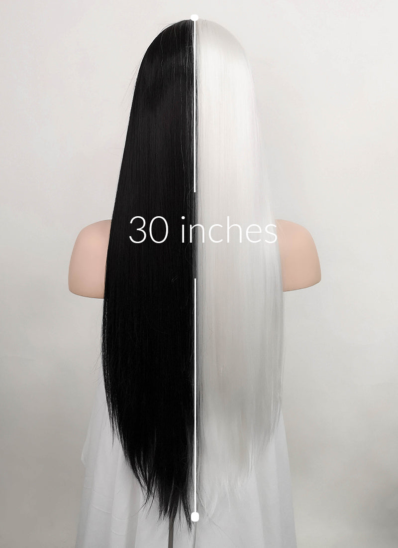 White Black Split Gemini Color Straight Lace Front Synthetic Wig LF3185