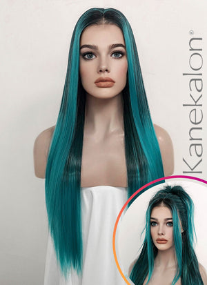 Two Tone Green Ombre Money Piece Straight Lace Front Kanekalon Synthetic Wig LF3256