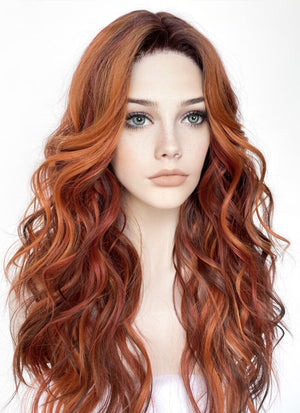 Mixed Auburn With Dark Roots Wavy Lace Front Kanekalon Synthetic Wig LF3272