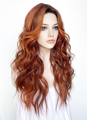 Mixed Auburn With Dark Roots Wavy Lace Front Kanekalon Synthetic Wig LF3272