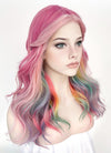 Pastel Pink Rainbow Color Wavy Lace Front Synthetic Wig LF3273