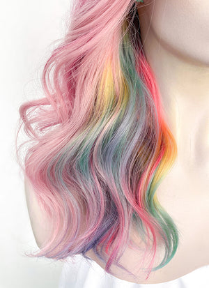 Pastel Pink Rainbow Color Wavy Lace Front Synthetic Wig LF3273