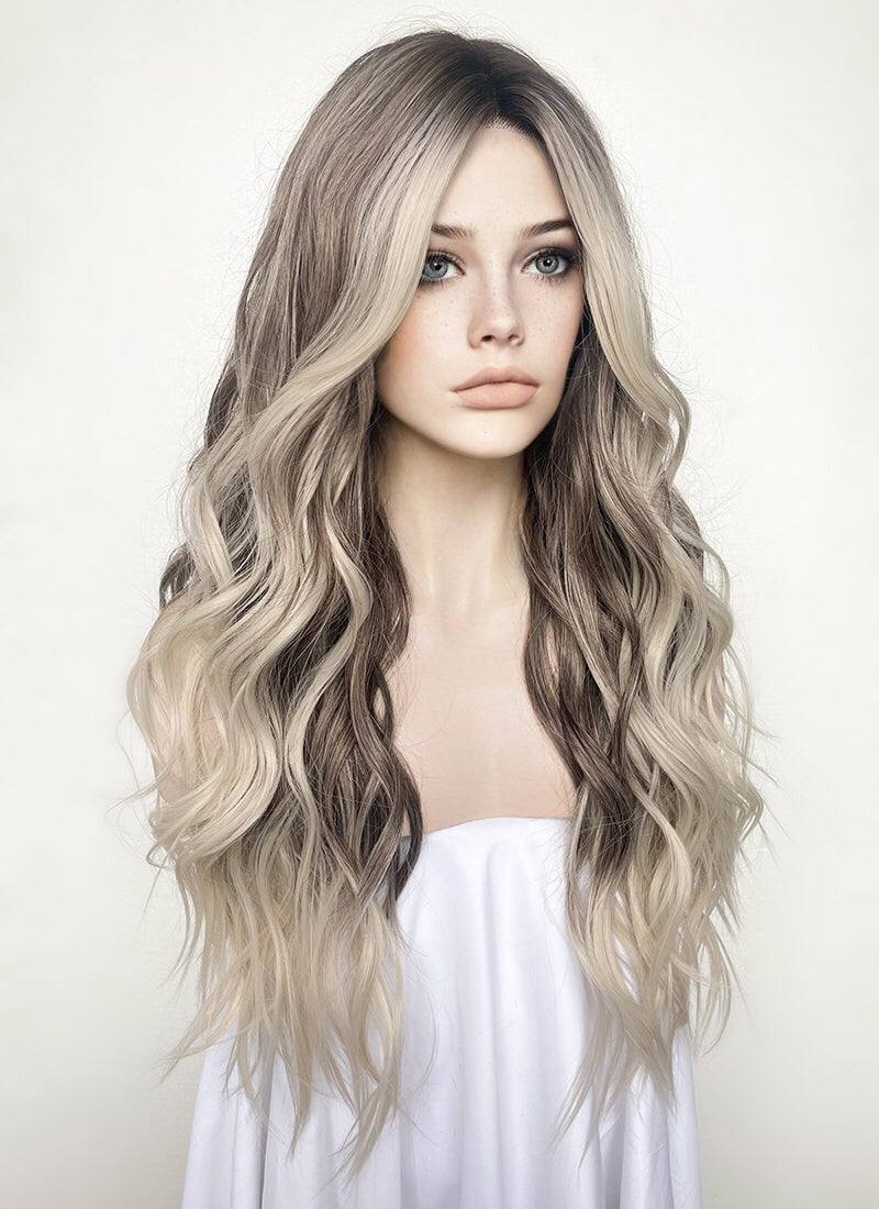 Products Balayage Blonde Highlights Money Piece With Dark Roots Wavy Lace Front Synthetic Wig LF3293