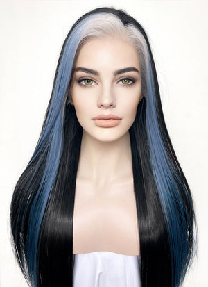 Black Grey Blue Money Piece Straight Lace Front Synthetic Wig LF3296