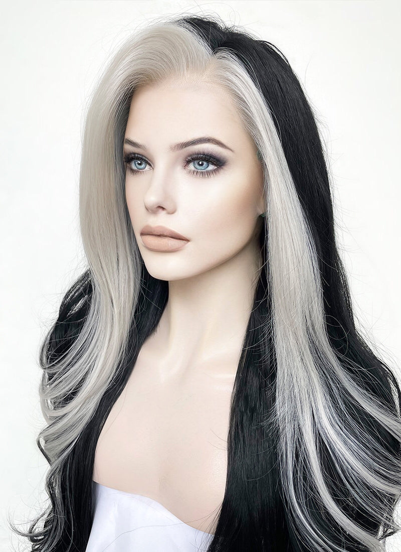 Black and Grey Money Piece Wavy Lace Front Synthetic Wig LF3298