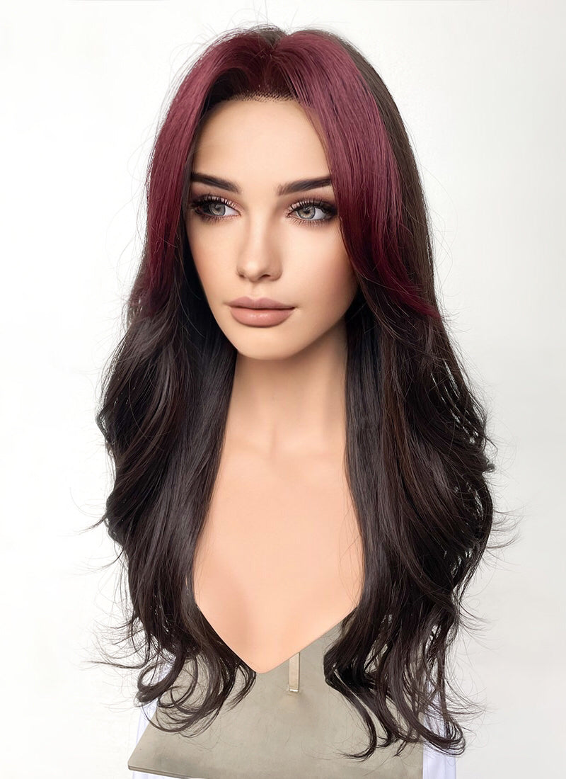 Brunette And Burgundy Money Piece Curtain Bangs Wavy Lace Front Synthetic Wig LF3302
