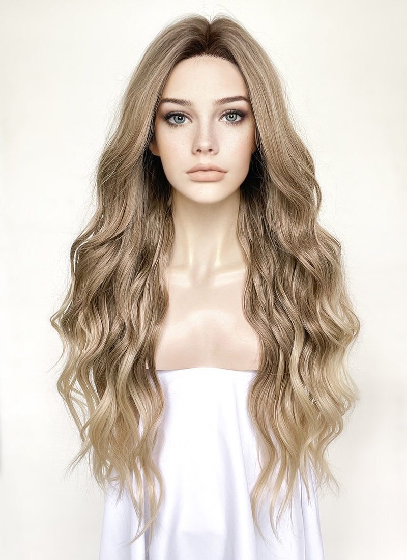 Two Tone Blonde With Dark Roots Curtain Bangs Wavy Lace Front Synthetic Wig LF3307