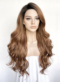 Brown With Dark Roots Wavy Lace Front Synthetic Hair Wig LF3316