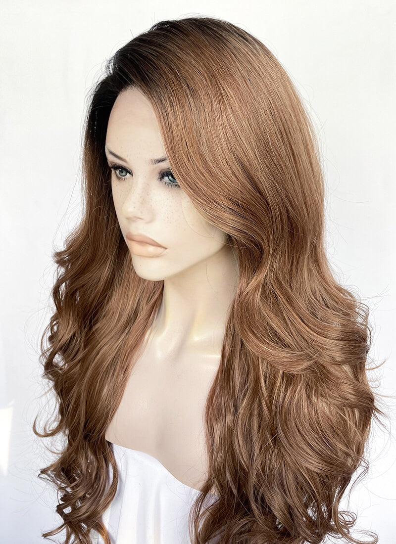 Brown With Dark Roots Wavy Lace Front Synthetic Hair Wig LF3316