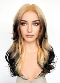 Blonde Black Ombre Curtain Bangs Wavy Lace Front Synthetic Hair Wig LF3317A