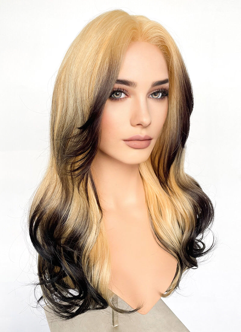 Blonde Black Ombre Curtain Bangs Wavy Lace Front Synthetic Hair Wig LF3317A