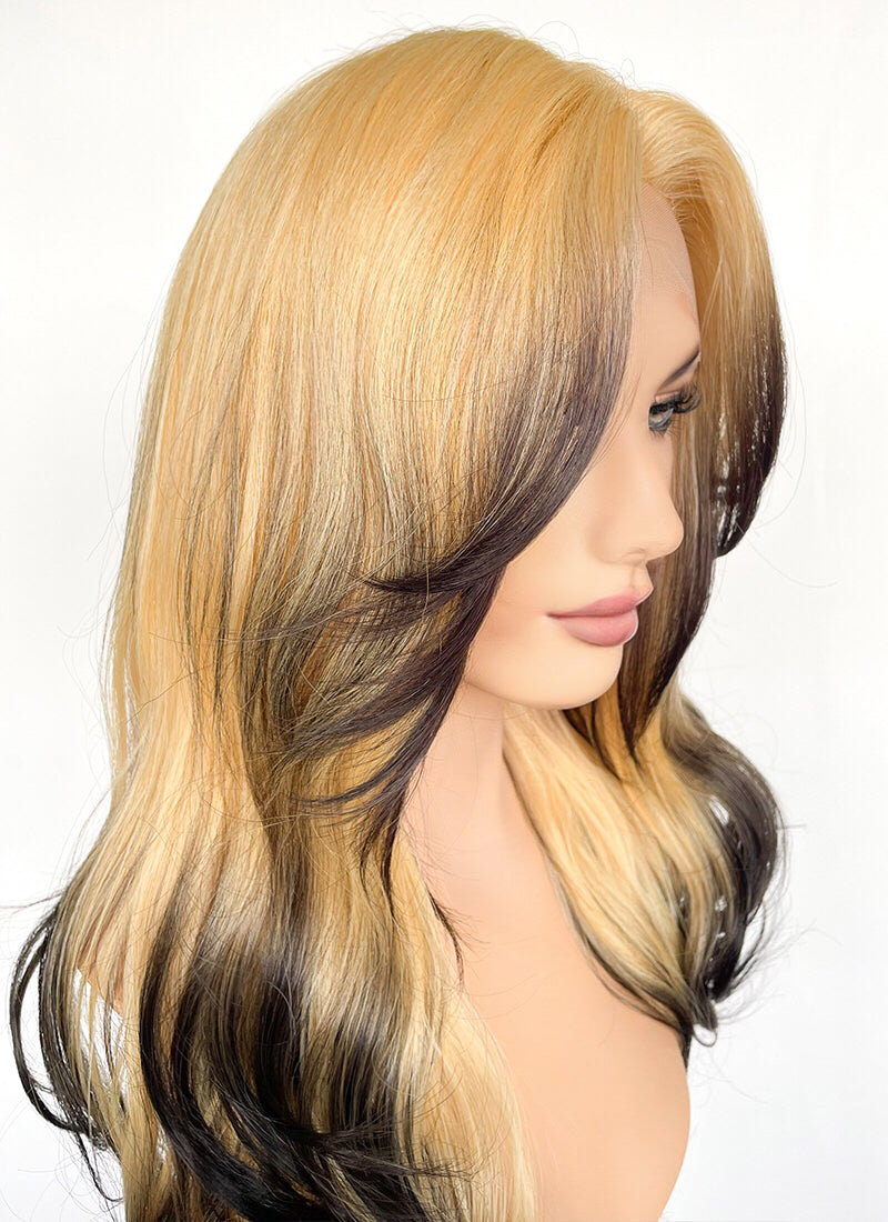 Blonde Black Ombre Curtain Bangs Wavy Lace Front Synthetic Hair Wig LF3317A