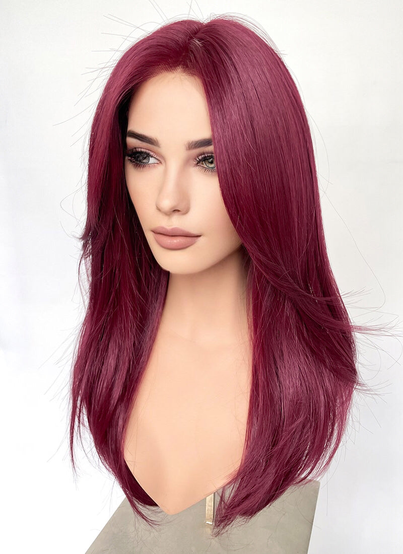 Burgundy Red Curtain Bangs Straight Lace Front Synthetic Hair Wig LF3328