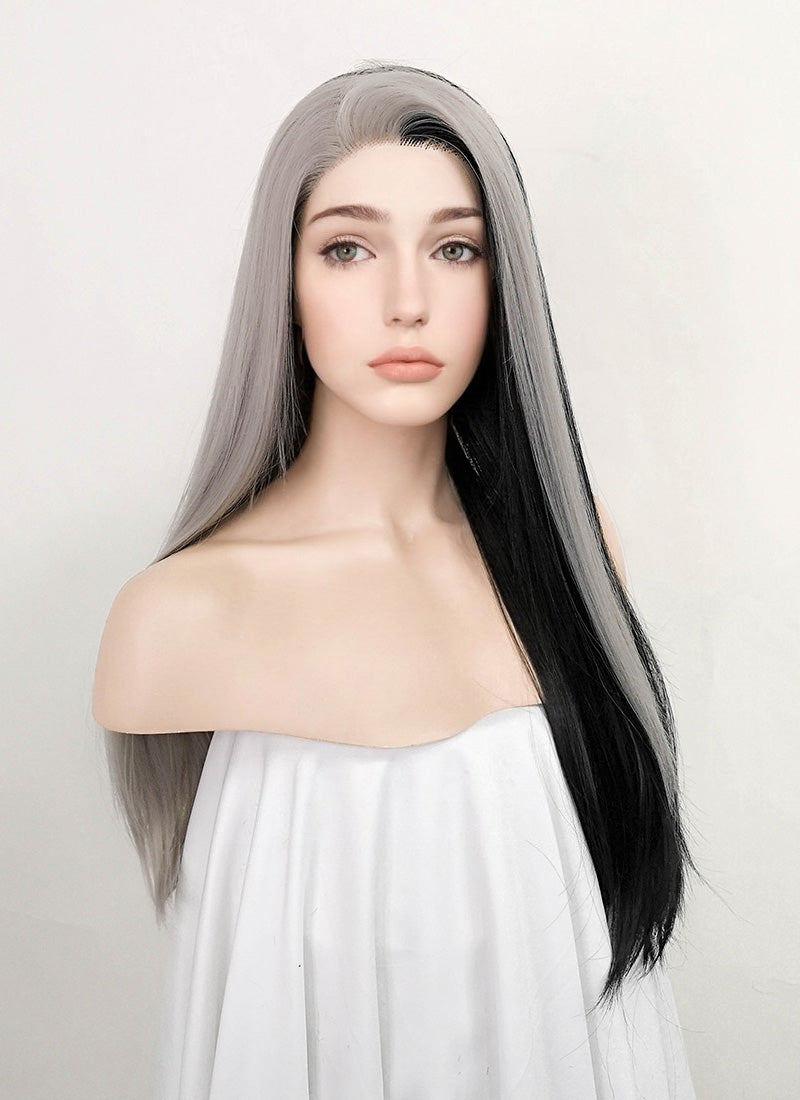 Black Mixed Grey Straight Lace Front Synthetic Wig LF5098