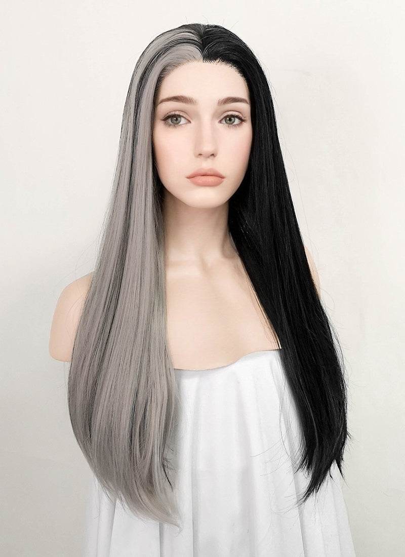 Black Mixed Grey Straight Lace Front Synthetic Wig LF5098