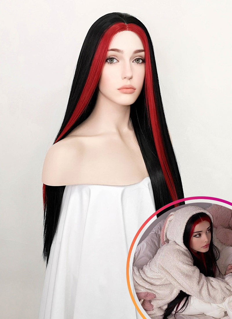 Black And Red Money Piece Straight Lace Front Synthetic Wig LF5113