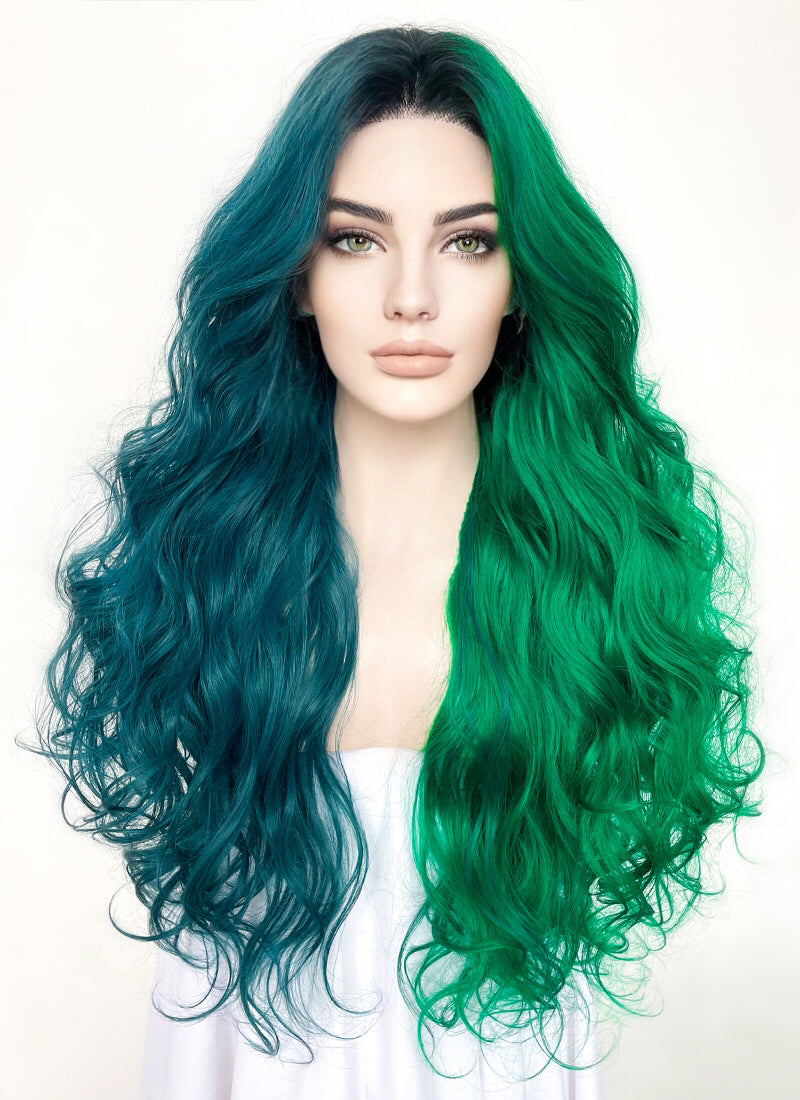 Blue Green Split Color With Dark Roots Wavy Lace Front Synthetic Wig LF5159