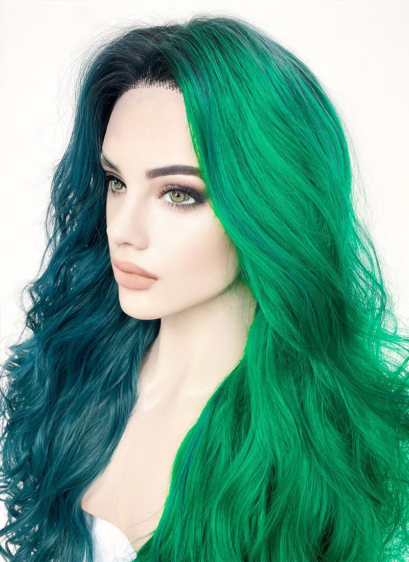 Blue Green Split Gemini Color With Dark Roots Wavy Lace Front Synthetic Wig LF5159
