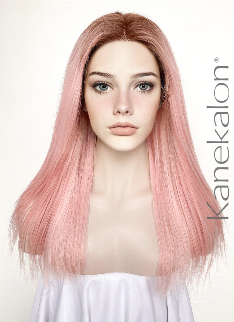 Pastel Pink With Brown Roots Straight Lace Front Kanekalon Synthetic Wig LF6008
