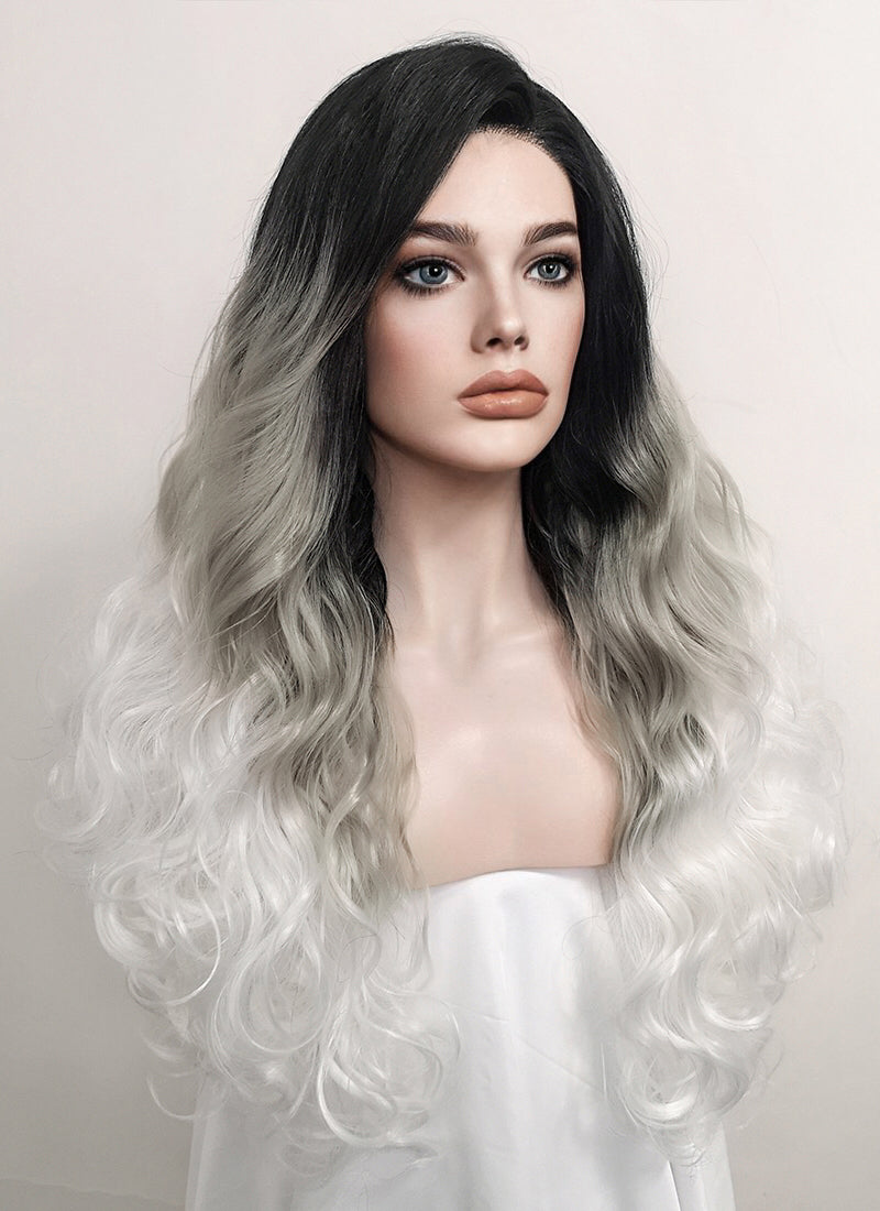 Wavy Black Grey White Ombre Lace Front Synthetic Wig LF781