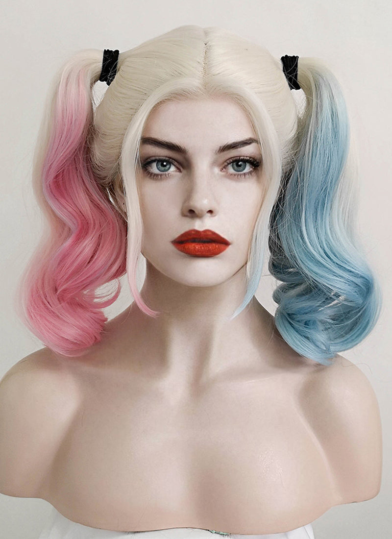 Wavy Blonde Harley Quinn Synthetic Pink Blue Ponytail Lace Front Wig LF853E