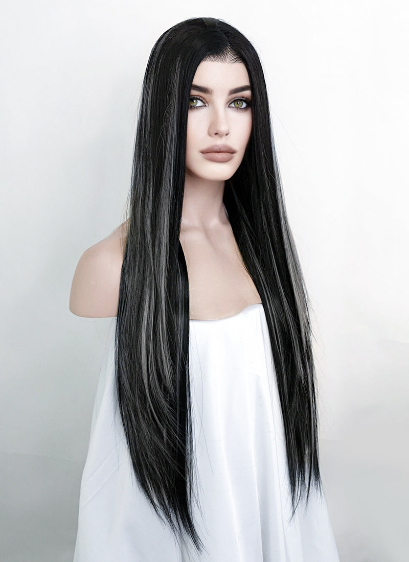 Black Mixed Grey Straight Lace Front Kanekalon Synthetic Wig LF3257