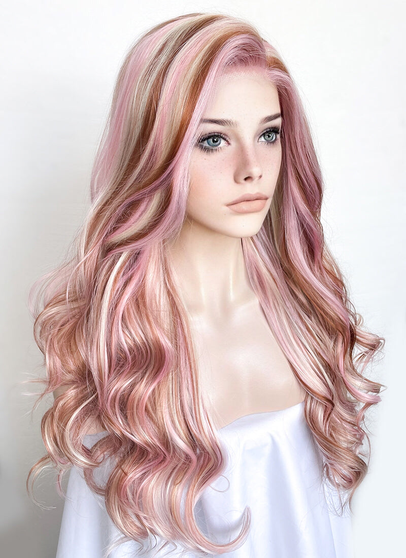 Pink Blonde Brown Mixed Wavy Lace Front Synthetic Wig LW4019