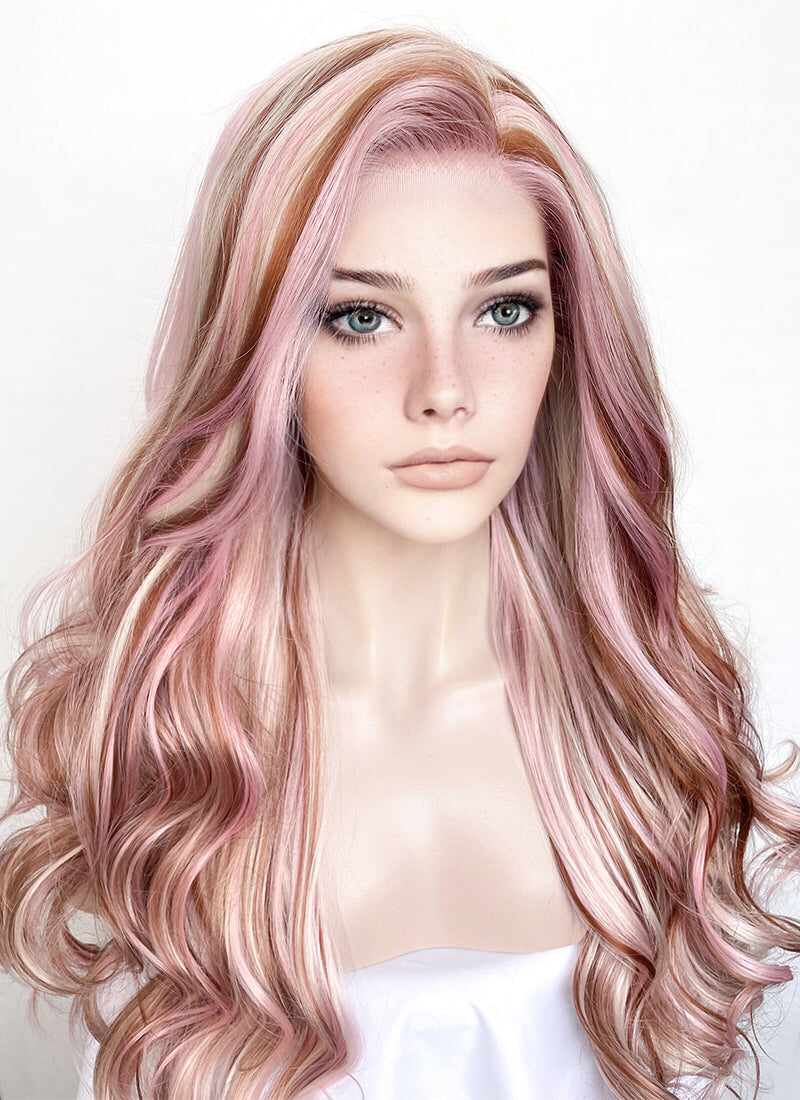 Pink Blonde Brown Mixed Wavy Lace Front Synthetic Wig LW4019