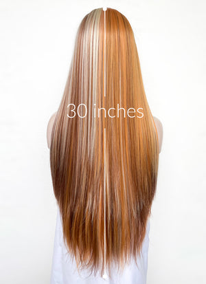 Brown Straight Synthetic Lace Front Hair Wig With Blonde Copper Highlights LW4024
