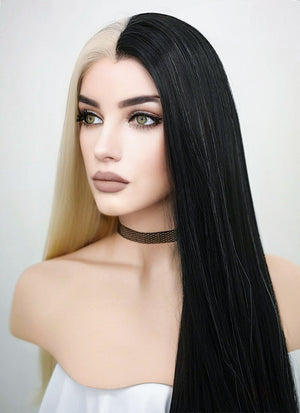 Straight Light Blonde Black Split Gemini Color Lace Front Synthetic Wig LW1531