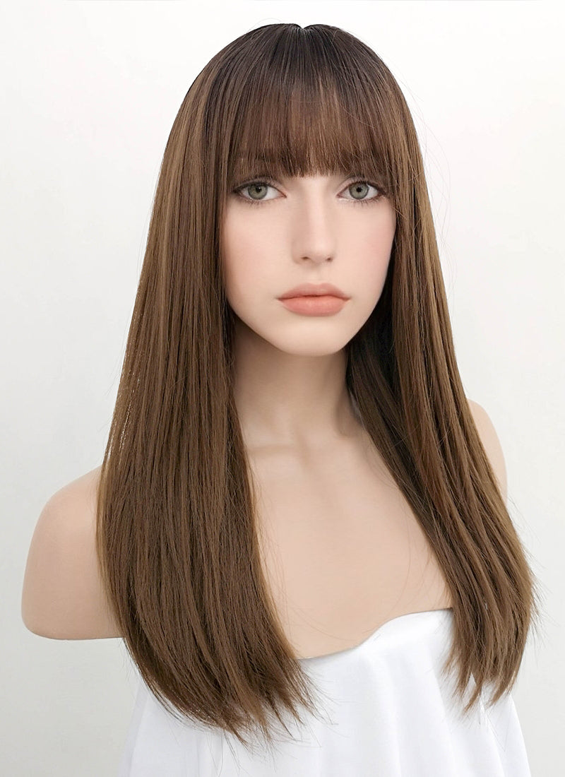 Chestnut Brown With Dark Roots Straight Synthetic Wig NS050