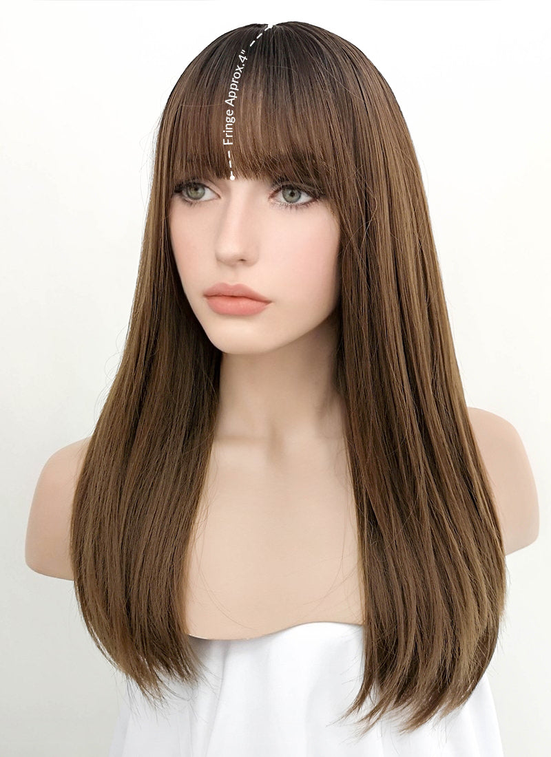 Chestnut Brown With Dark Roots Straight Synthetic Wig NS050