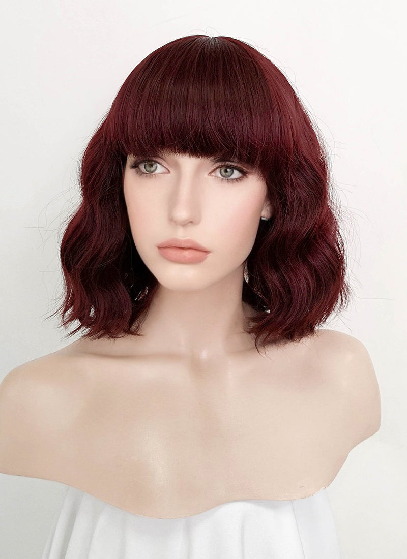 Dark Burgundy Red Wavy Bob Synthetic Wig NS111