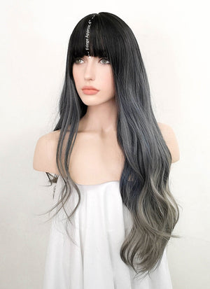 Two Tone Grey With Dark Roots Wavy Synthetic Wig NS328