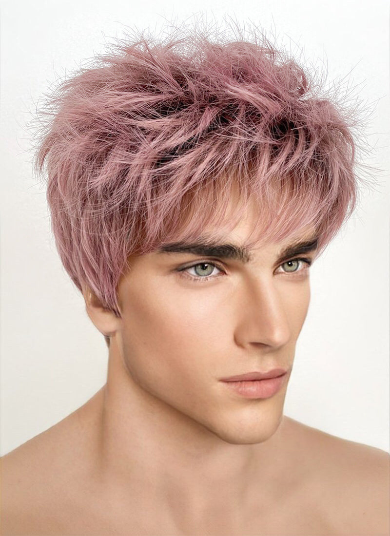 Ash Pink With Dark Roots Straight Pixie Synthetic Hair Men's Wig NS427